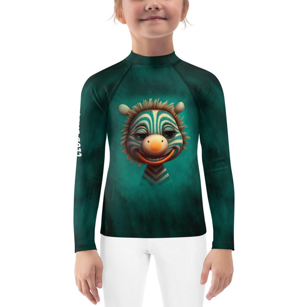 Child surfing wearing Celestial Glimmers Rash Guard.