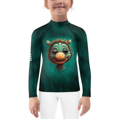 Child surfing wearing Celestial Glimmers Rash Guard.