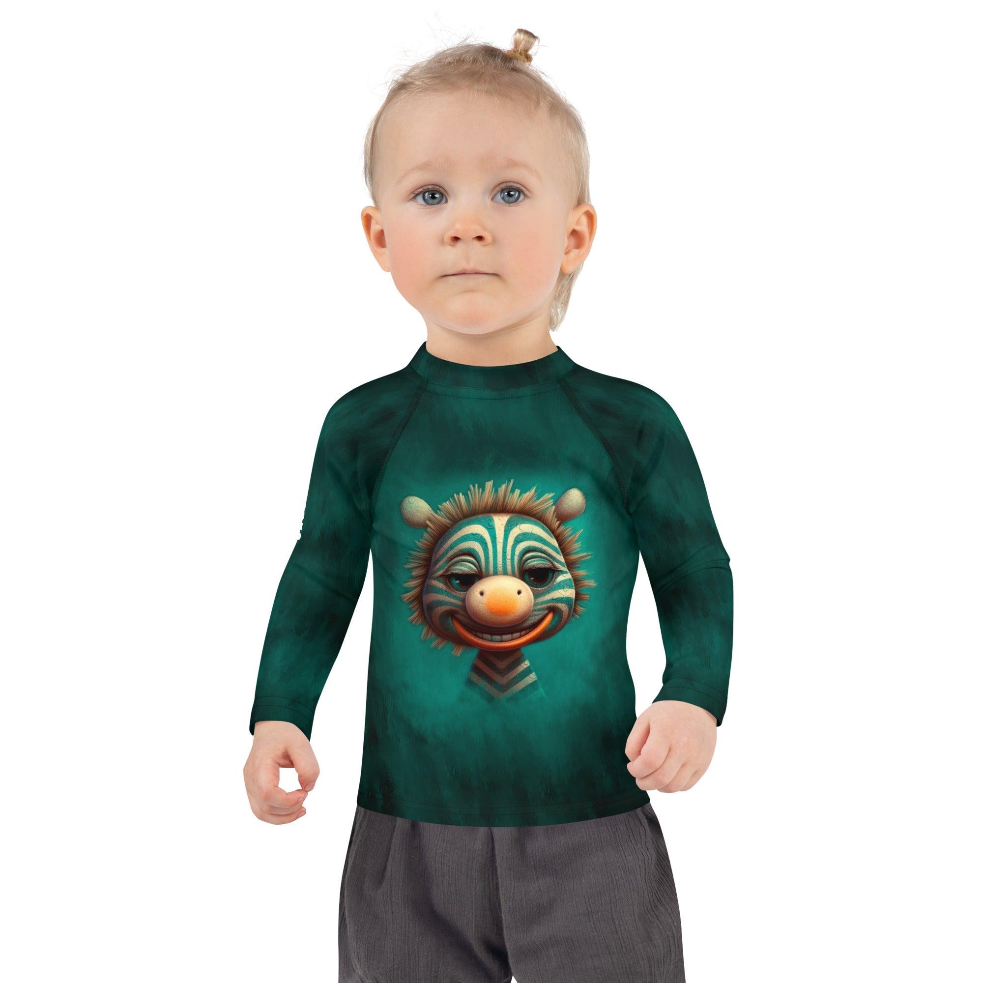 Sun-protected child in Celestial Glimmers Rash Guard at the pool.