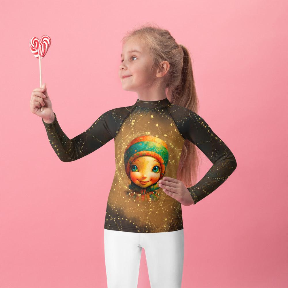 Cherubic Iris Parade Kids Rash Guard front view on a white background.