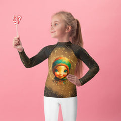 Cherubic Iris Parade Kids Rash Guard front view on a white background.