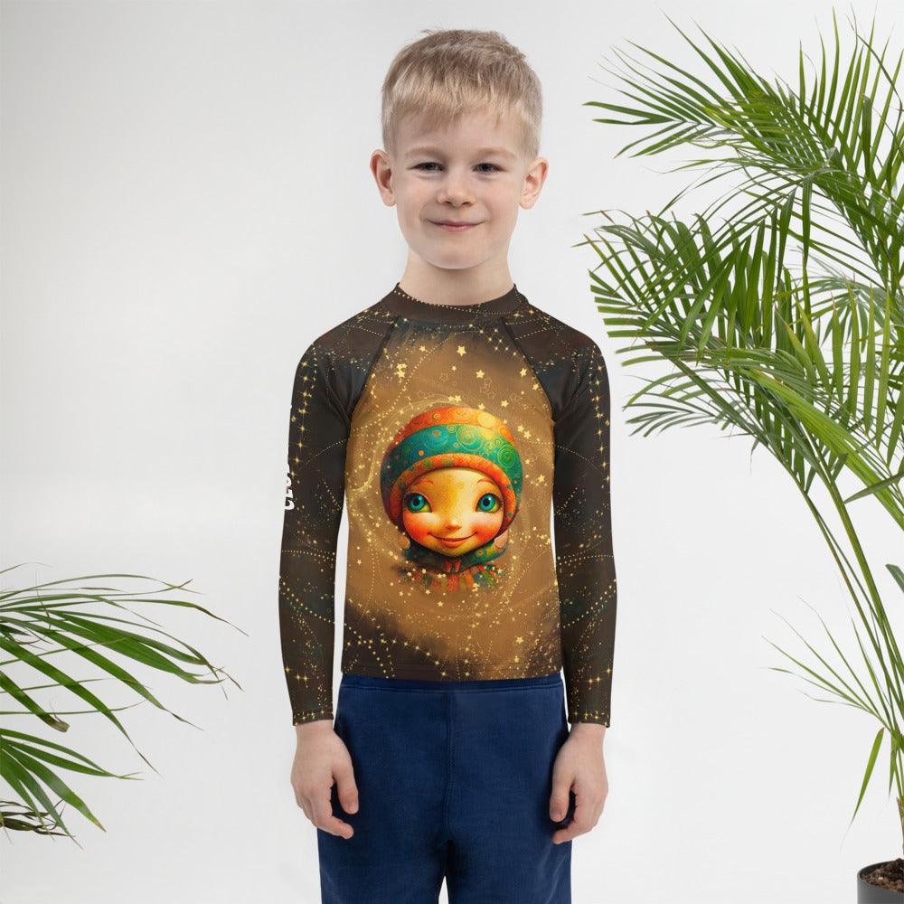 Child wearing Cherubic Iris Parade Rash Guard at the beach.