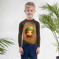 Child wearing Cherubic Iris Parade Rash Guard at the beach.