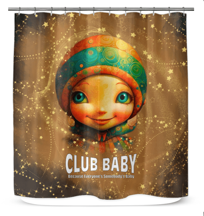 Cherubic Iris Parade pattern on elegant shower curtain for bathroom decor.