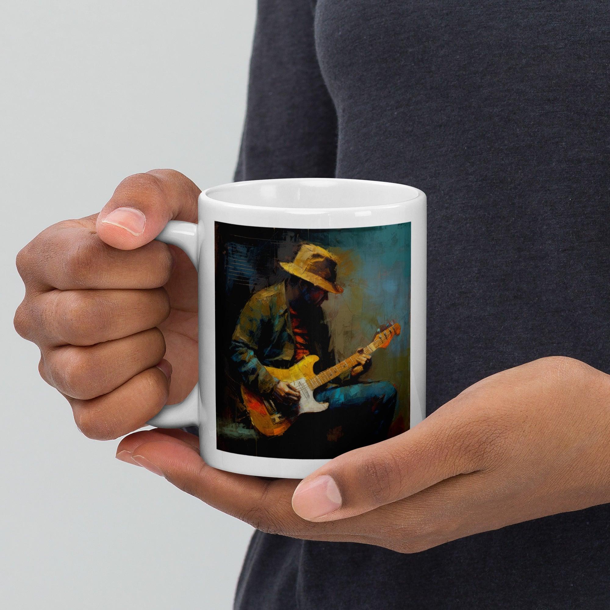 Chord Champion Mug filled with coffee, music notes in the background.