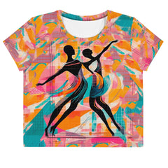 Elegant balletic-style print crop tee on a model