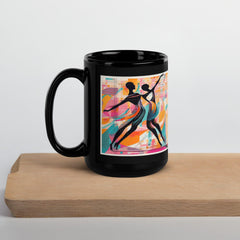 Black balletic style glossy mug filled with coffee, exuding elegance and warmth.
