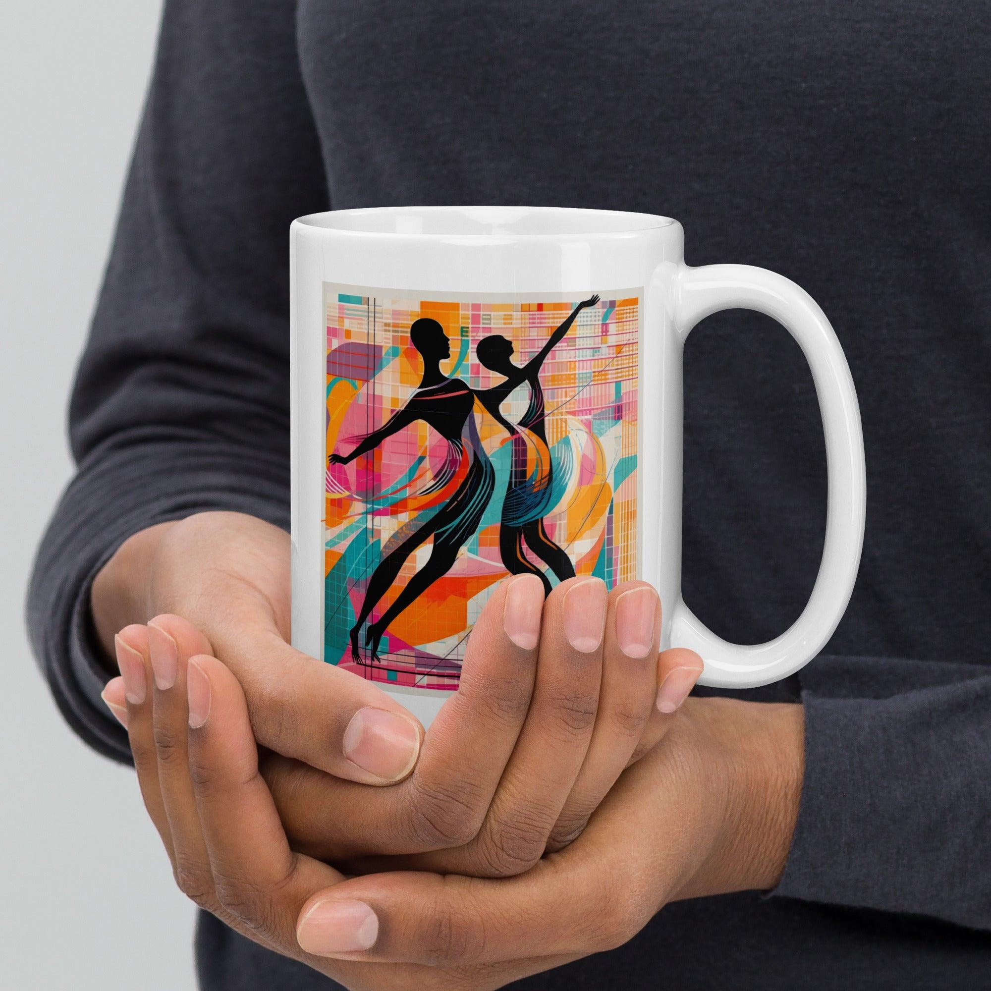 Elegant White Glossy Mug with Balletic Design Detailing