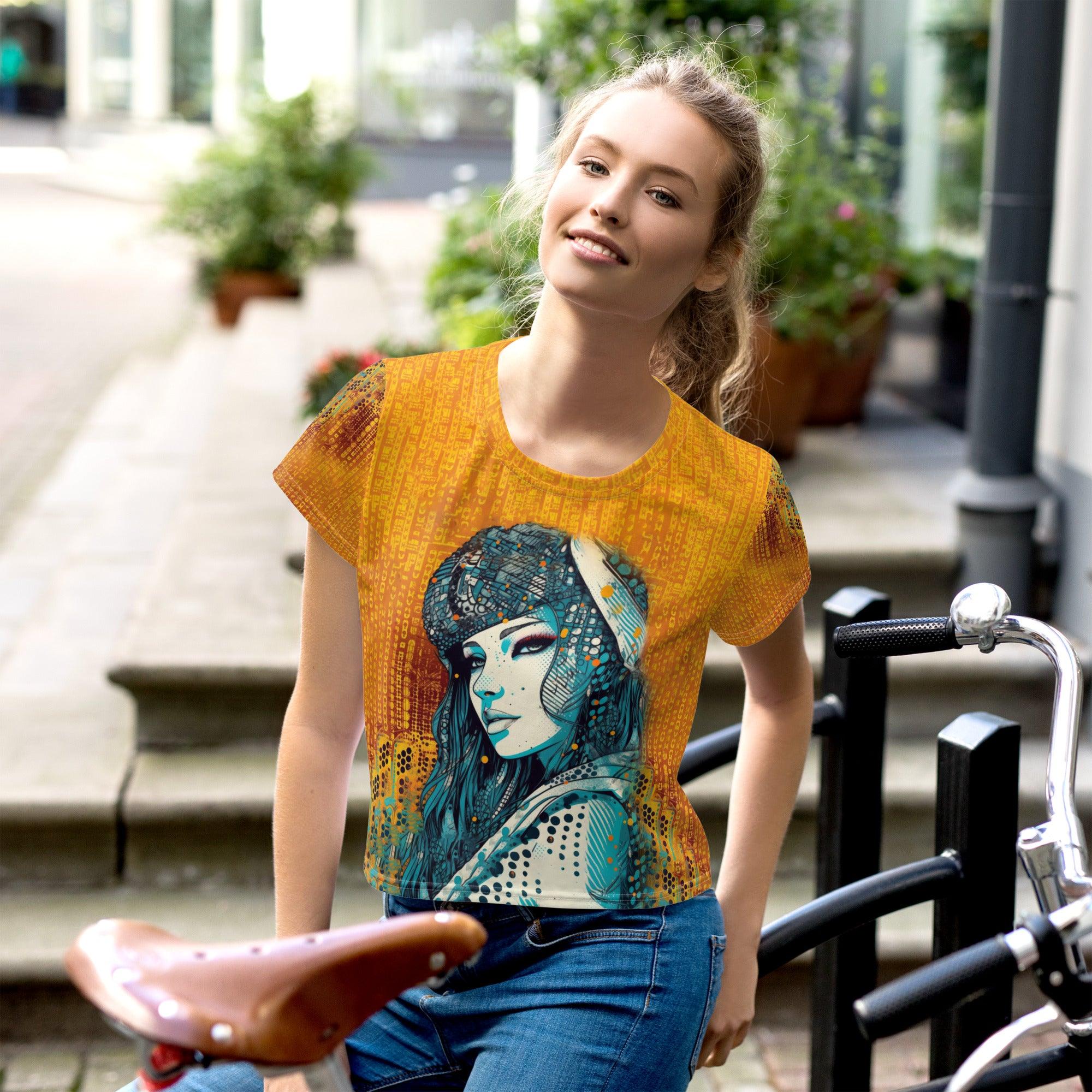 Colorful Creations crop tee with vibrant all-over print on model.