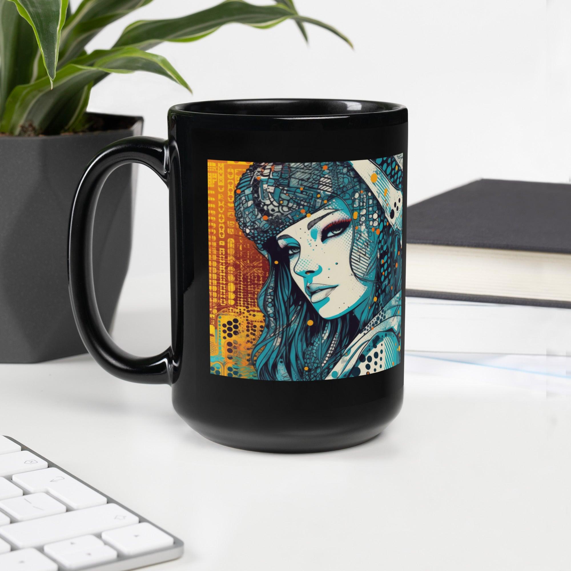 Black Glossy Mug with Colorful Design.
