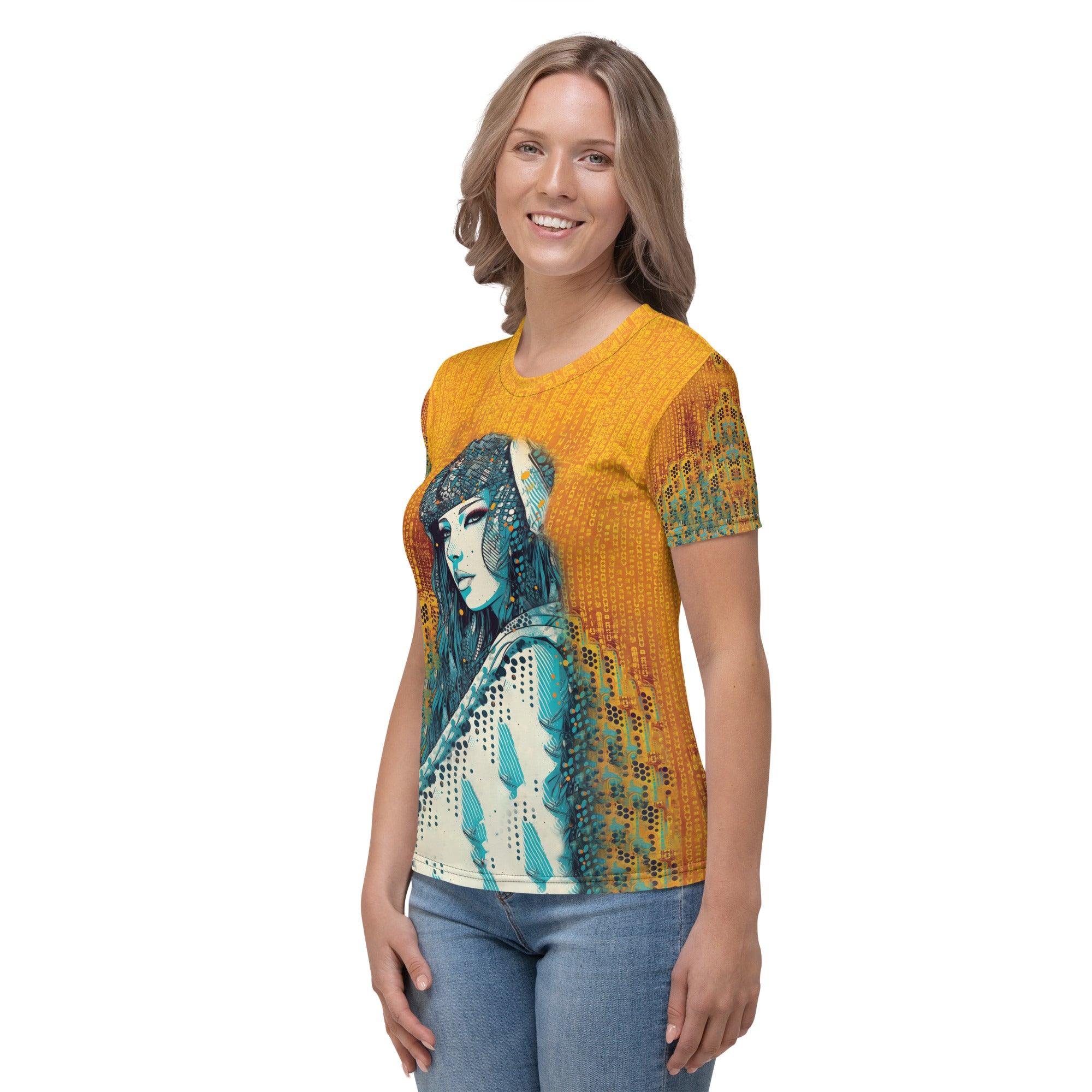 Woman wearing Colorful Creations t-shirt, showcasing design and fit.