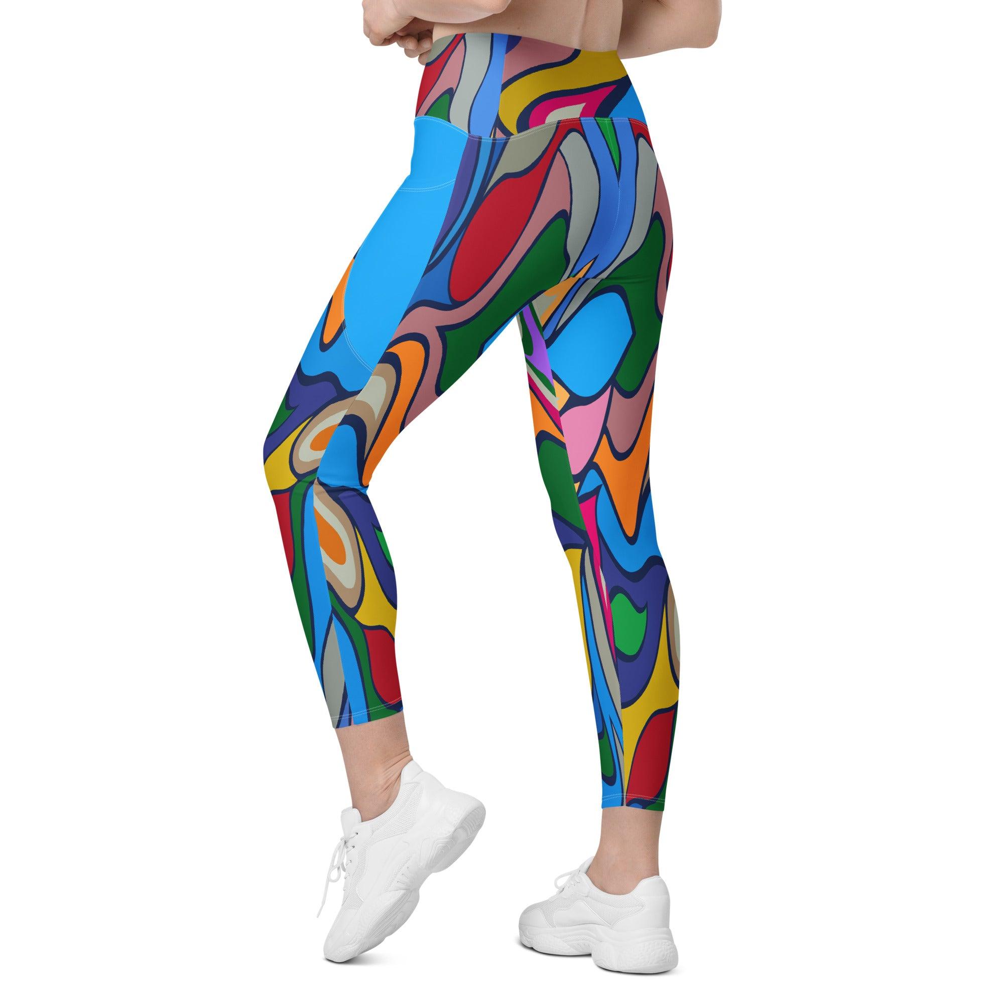 Woman wearing Colorful Desire leggings showcasing flexibility