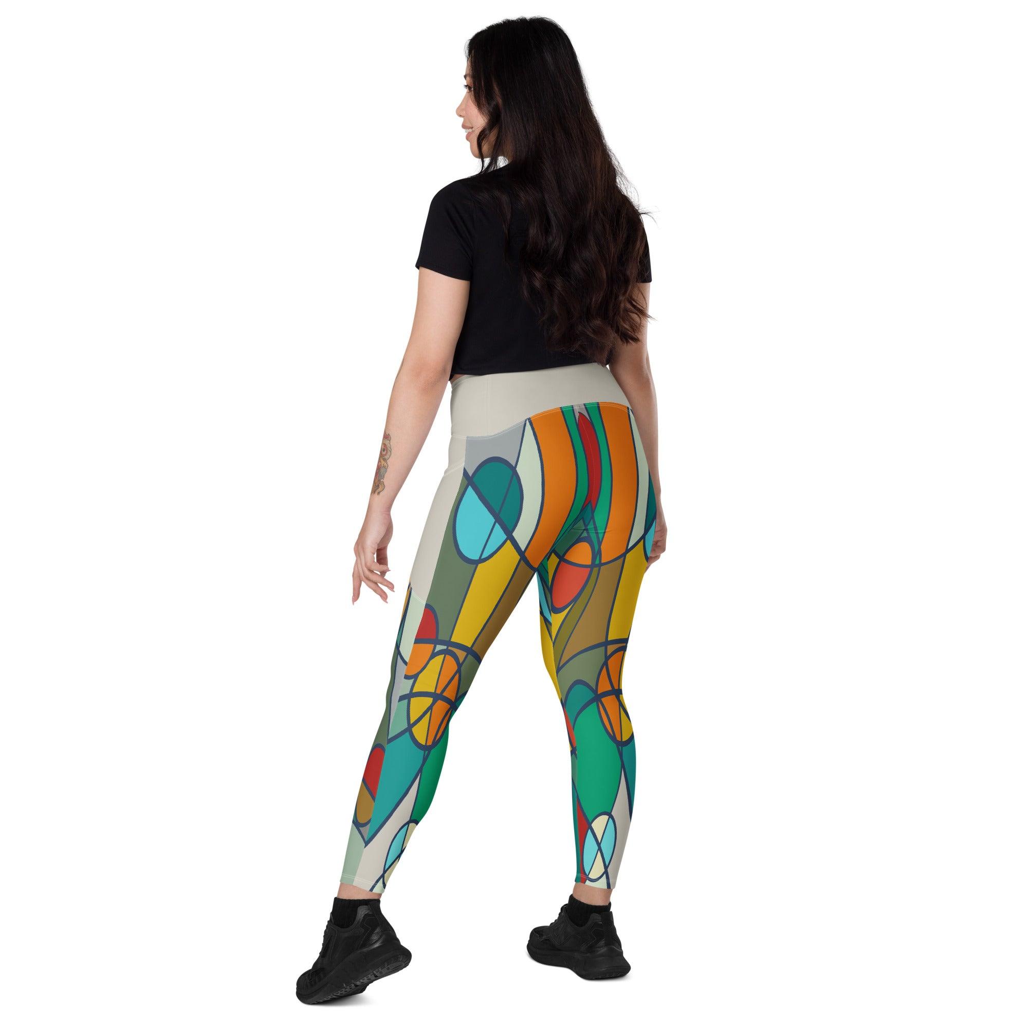 Side view of Colorful Passion Crossover Leggings with pocket utility.