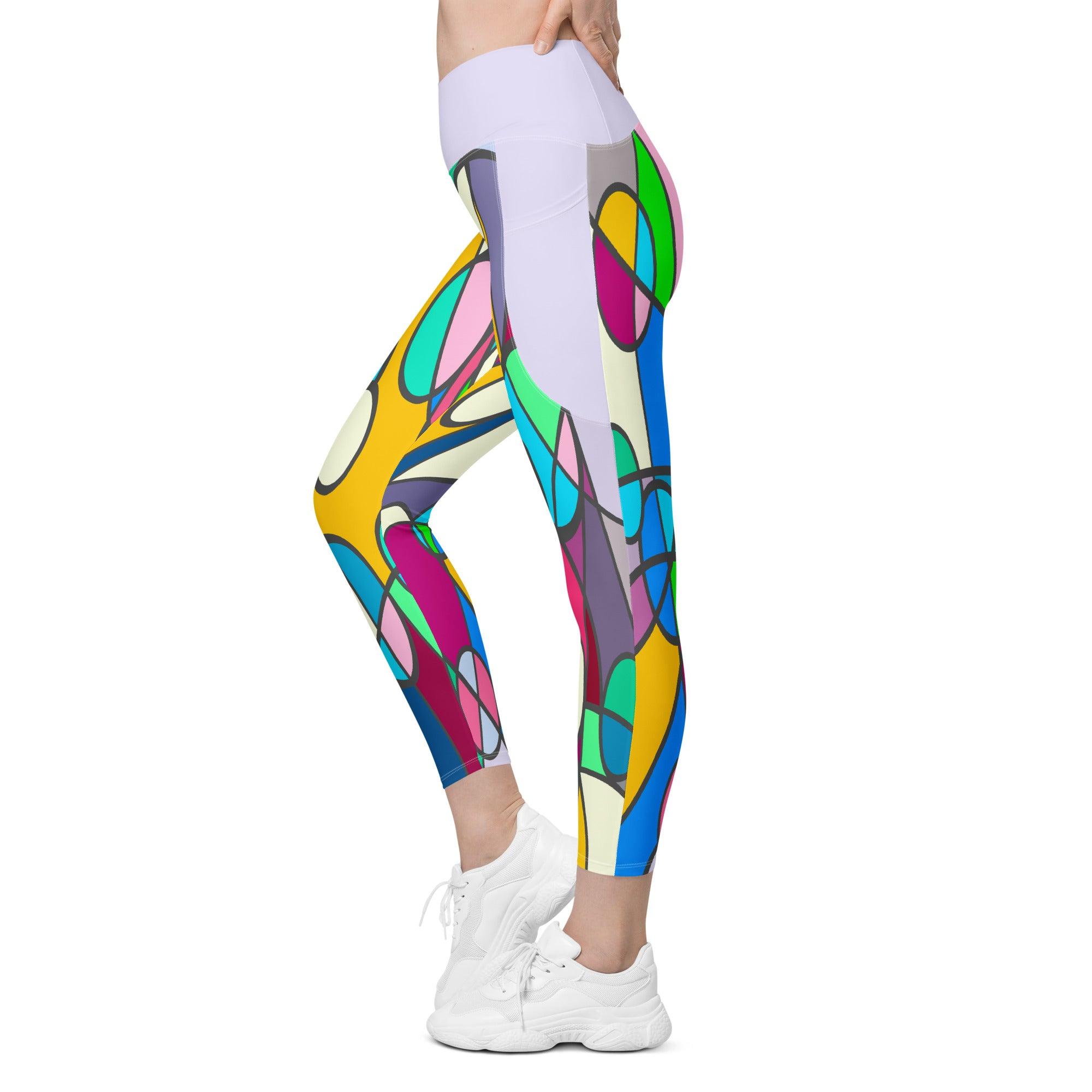 Close-up of the pockets on Colorful Passion II workout leggings.