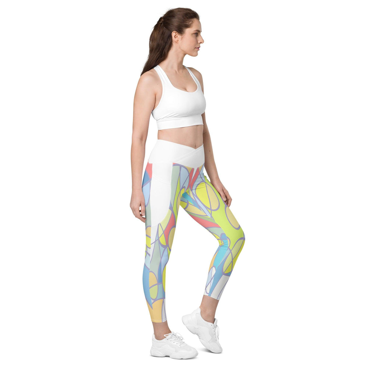 Colorful Passion III Crossover Leggings front view with pockets.