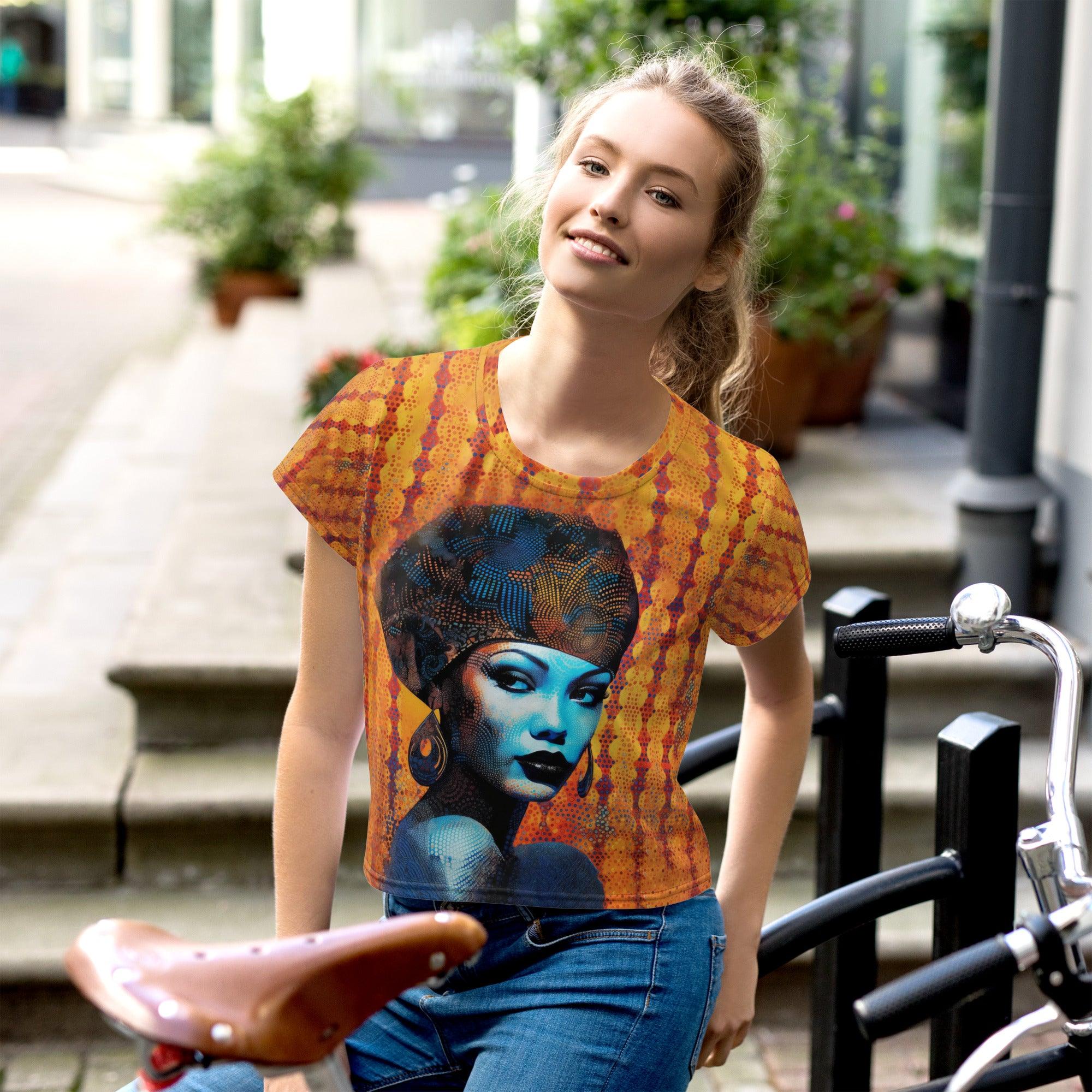 Coloring Corner all-over print crop tee with vibrant abstract design.