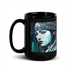 Hand holding Coloring Creations III Black Glossy Mug with colorful design.