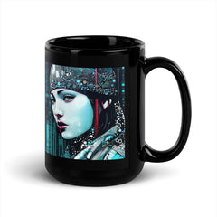 Coloring Creations III Black Glossy Mug in natural light highlighting glossy finish.