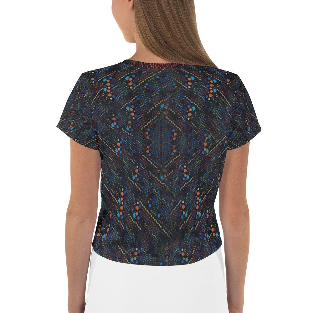 Stylish woman wearing Creative Canvas print crop top.