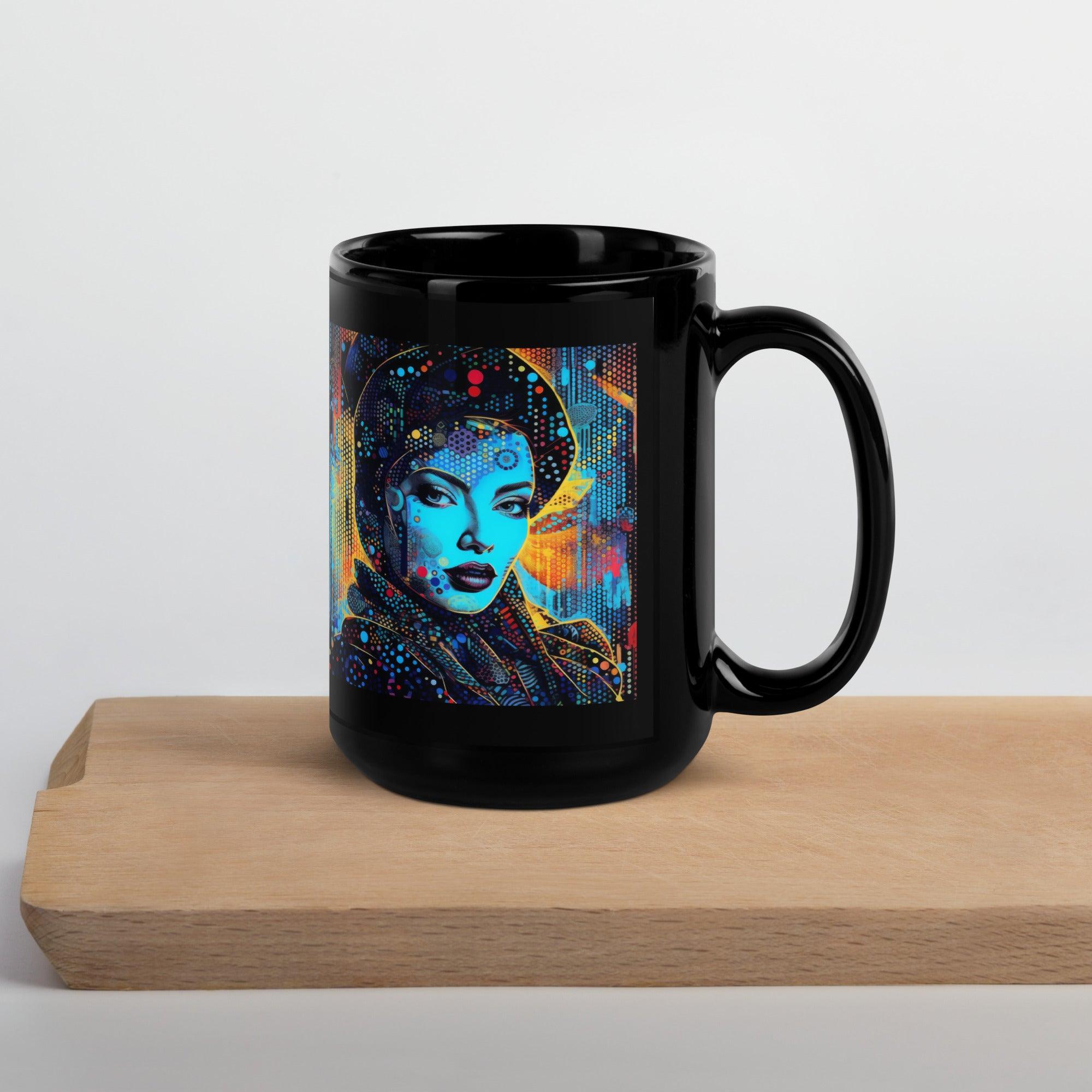 Close-up of Creative Canvas's glossy black mug design.