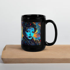 Close-up of Creative Canvas's glossy black mug design.