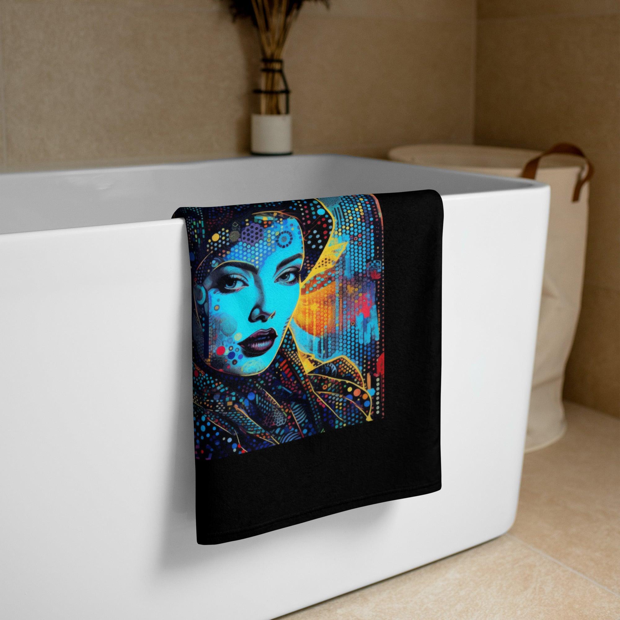 Creative Canvas Towel displayed on a wooden rack in natural light.