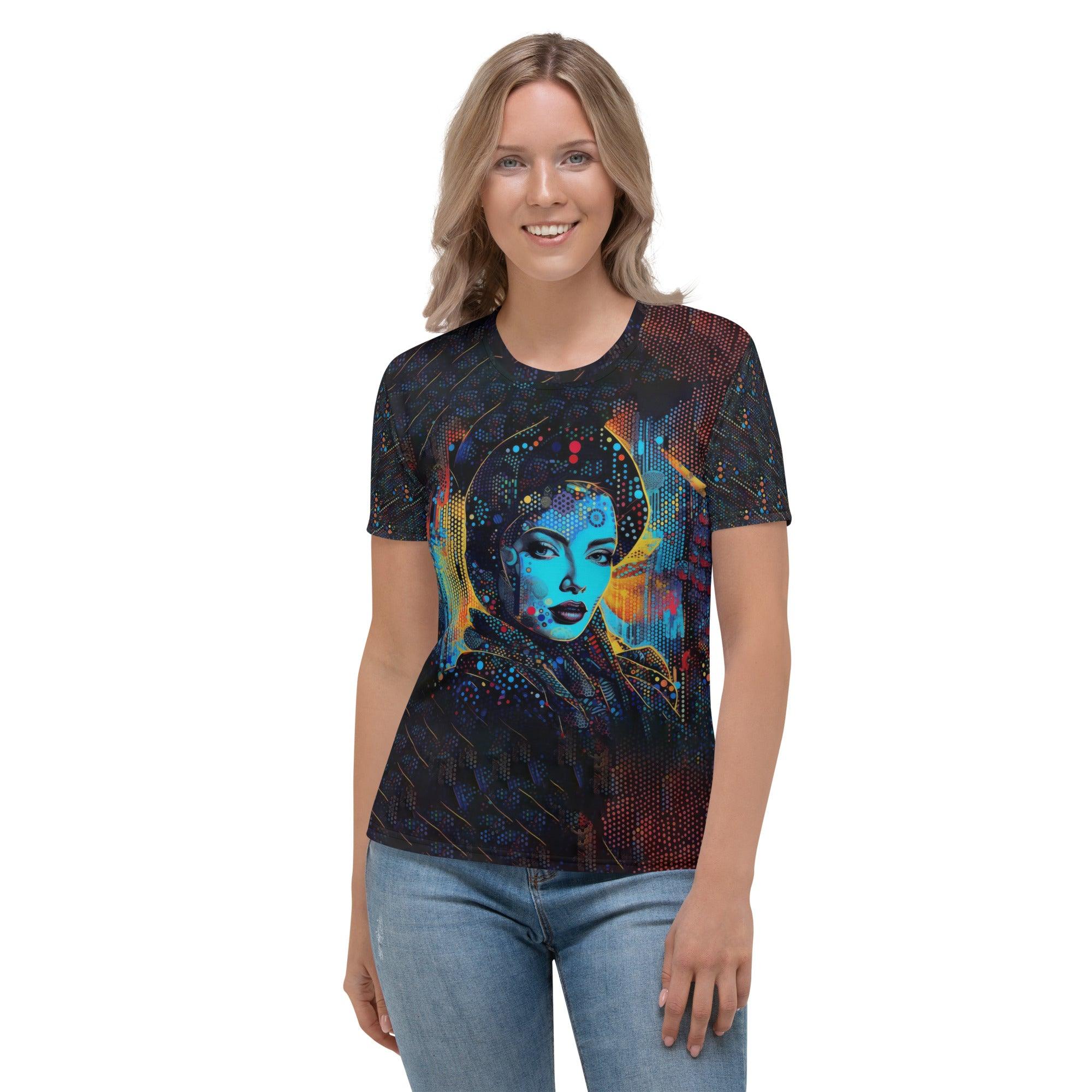 Woman wearing Creative Canvas t-shirt showcasing its fit and style.