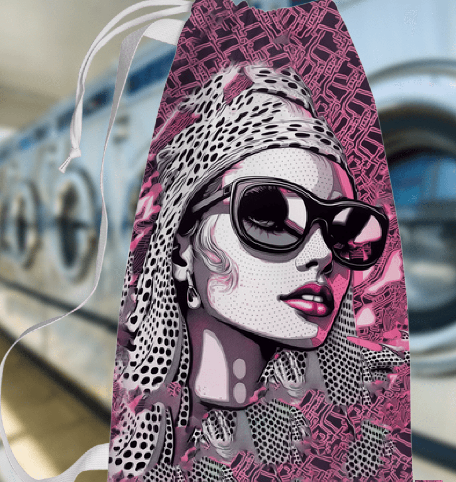 Artistic Creative Chronicles printed laundry bag on white background.