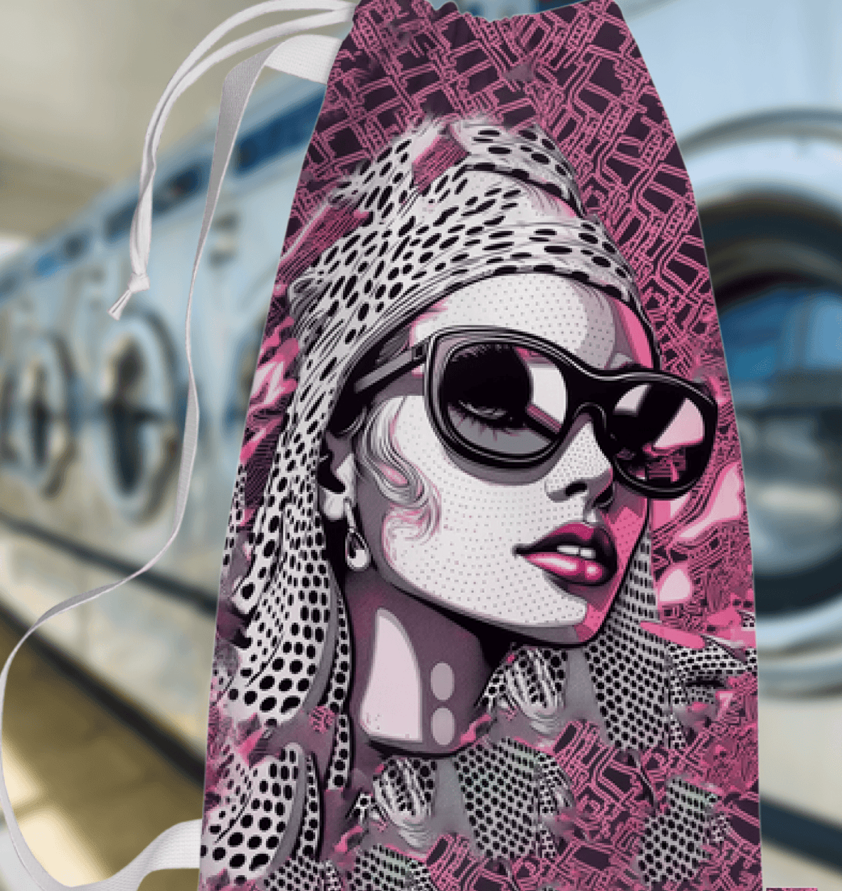 Artistic Creative Chronicles printed laundry bag on white background.