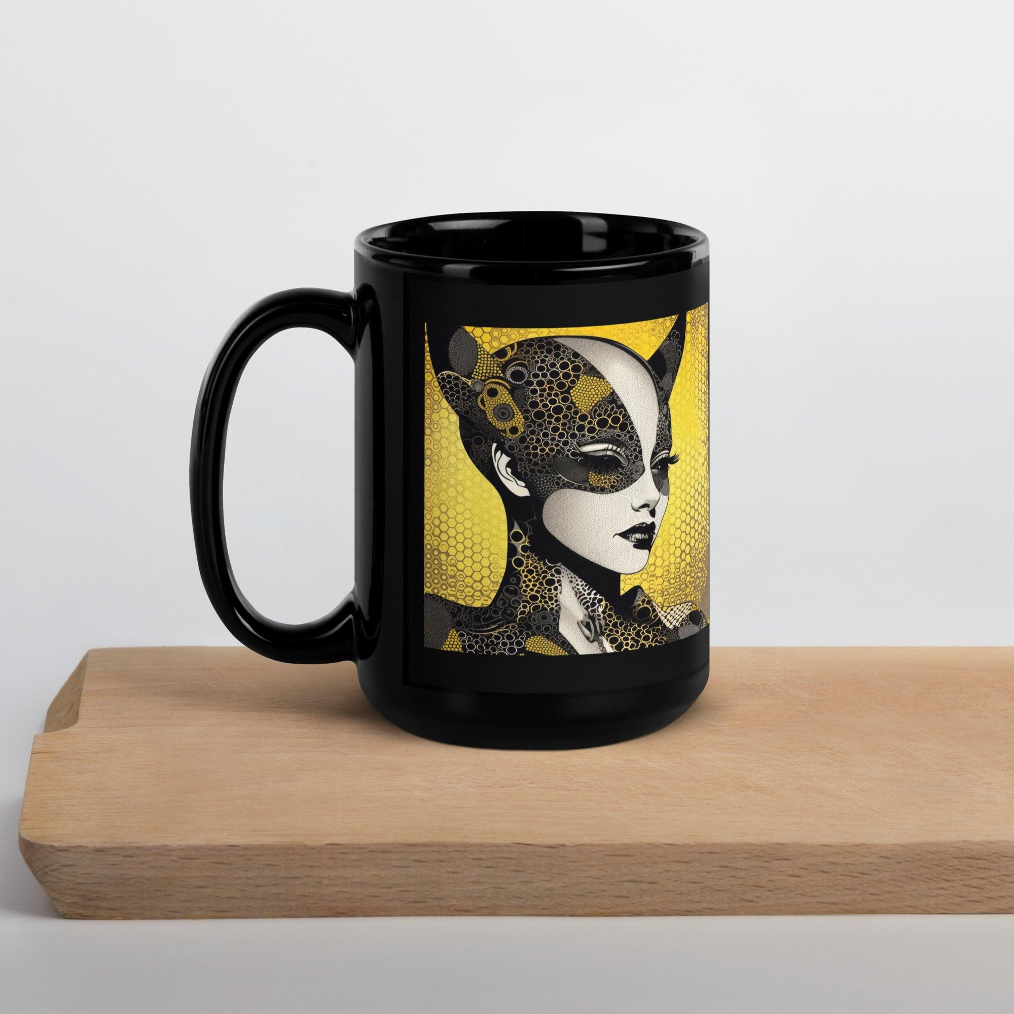 Creative Current black glossy mug with steaming coffee.