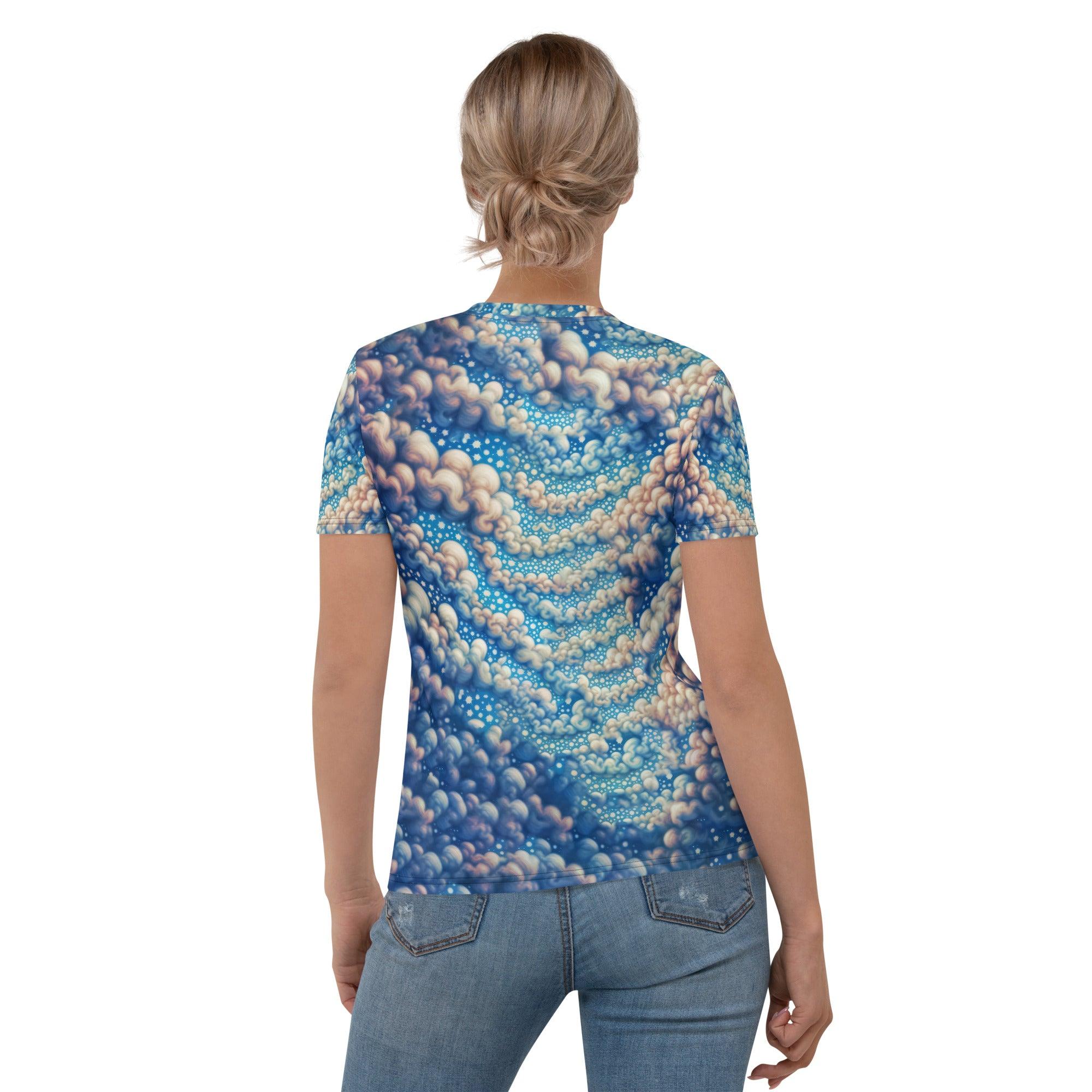 Woman wearing Creative Liberties artistic design T-shirt.