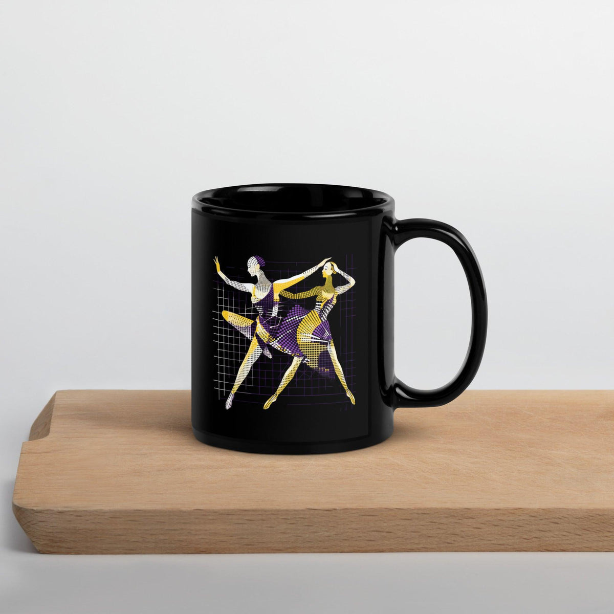 Black glossy mug with dazzling feminine dance design.