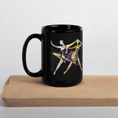 Stylish black mug featuring a feminine dance motif.
