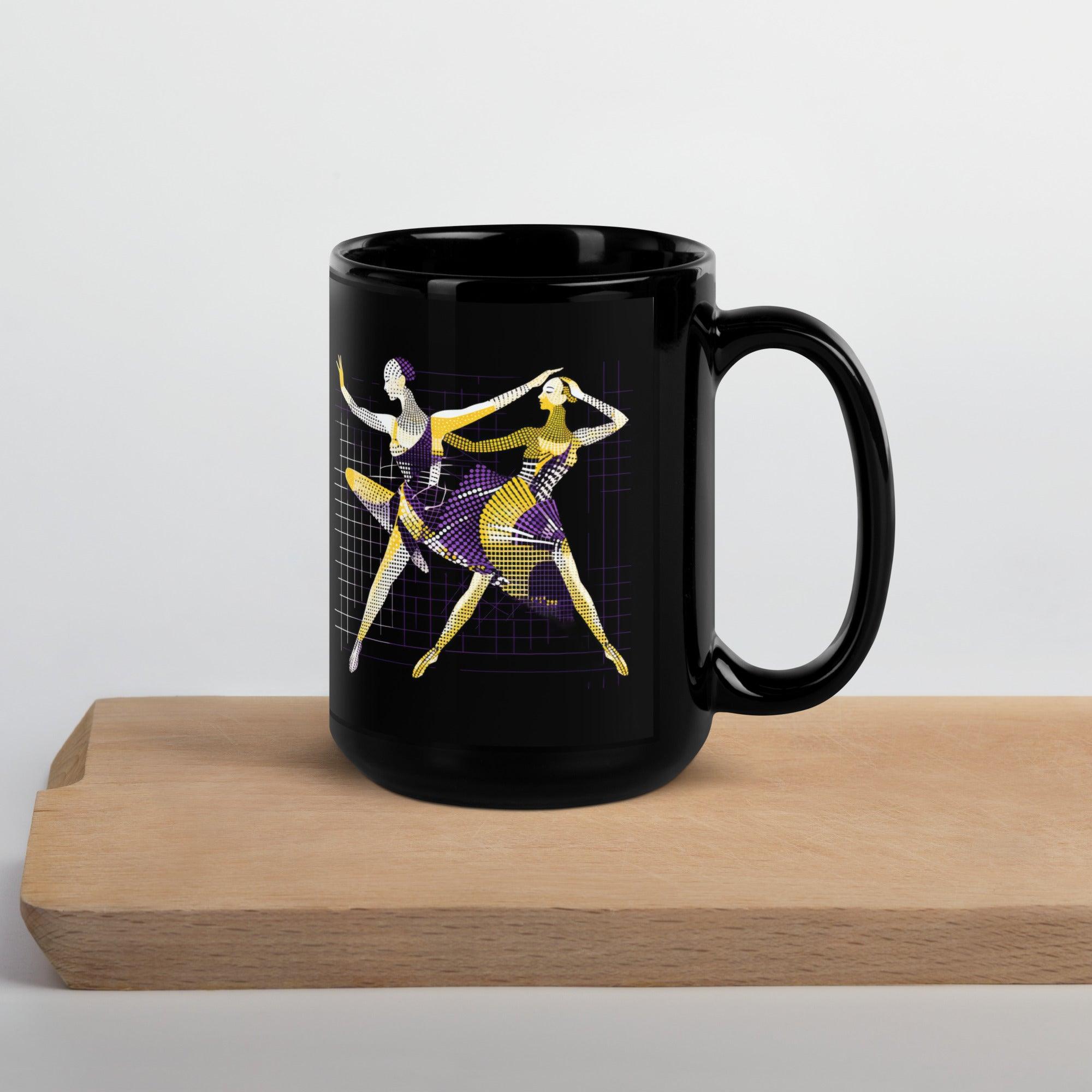 Unique glossy black mug with dance form illustration.