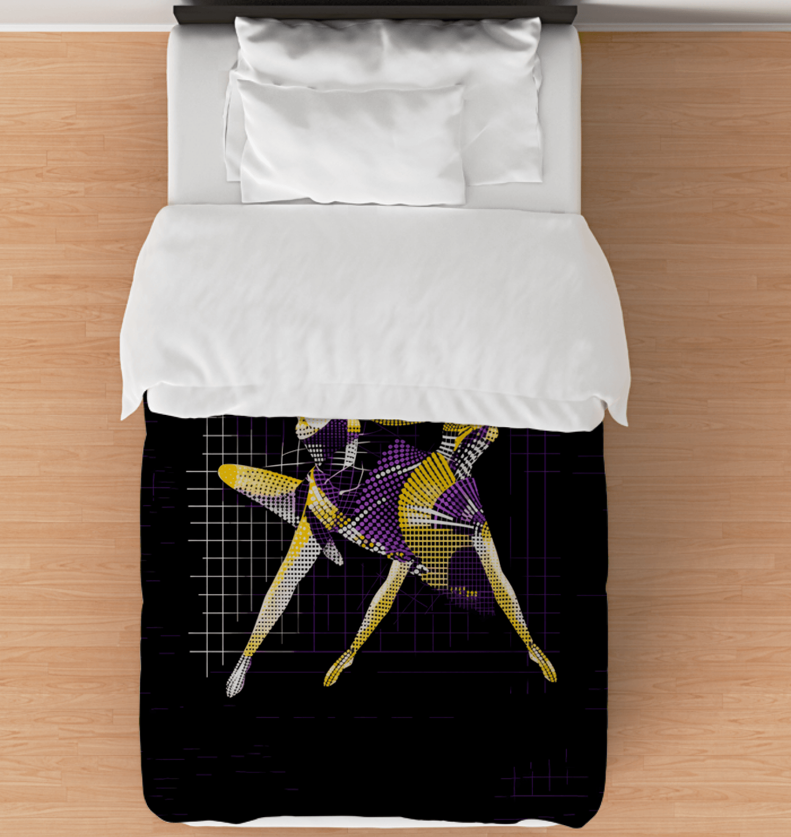 Stylish bedroom with dazzling dance-inspired duvet cover for a unique touch.