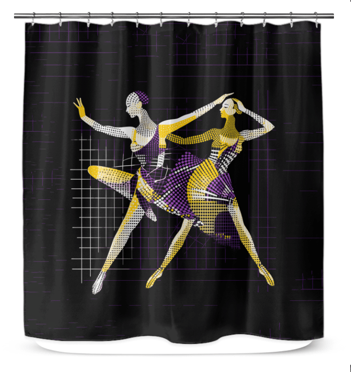Stylish bathroom decor with a dazzling dance-inspired shower curtain, enhancing ambiance.