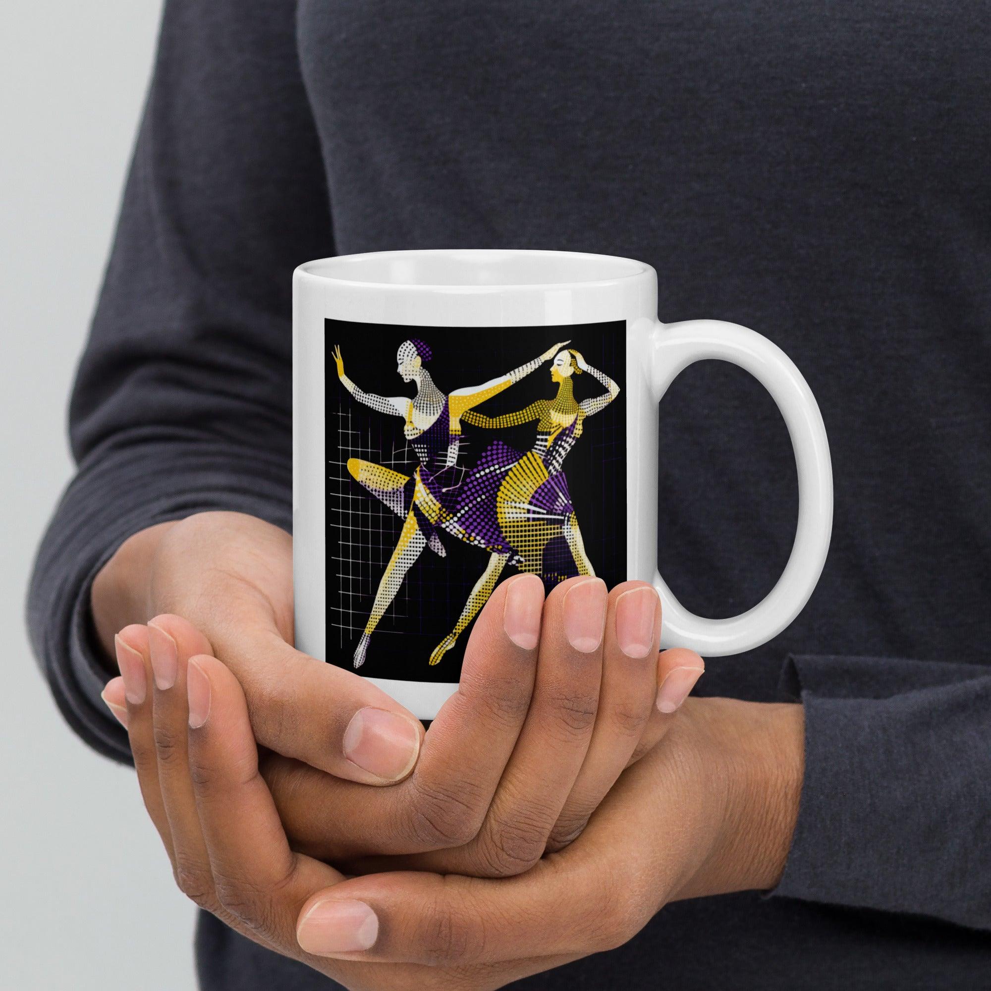 Dazzling dance-themed glossy coffee mug on a white background.