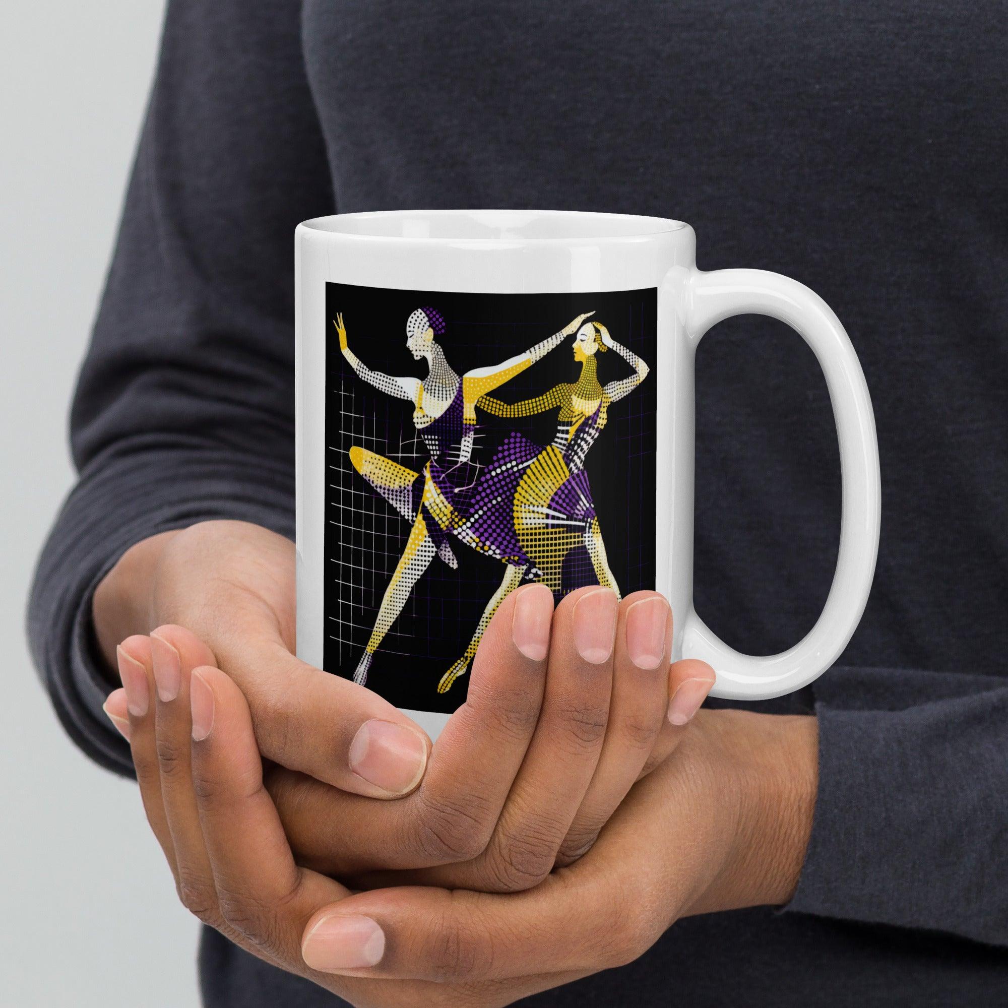 White glossy coffee mug with a unique feminine dance illustration.
