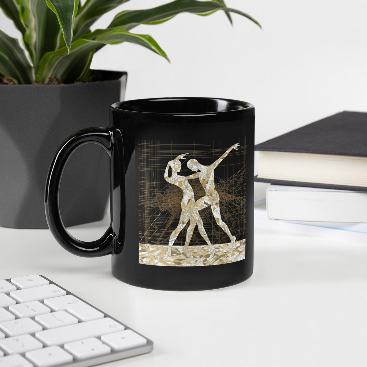 Black glossy mug with balletic attire design, perfect for coffee or tea.