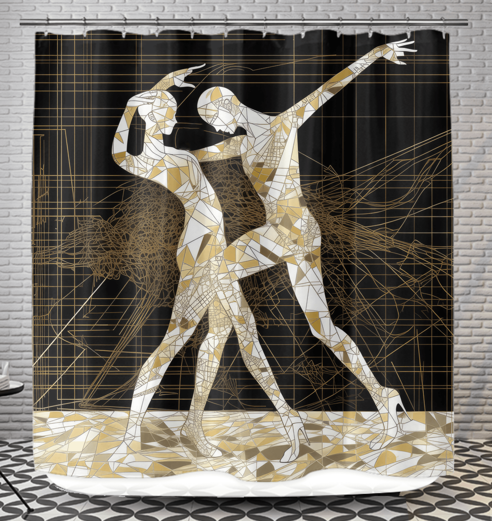 Elegant balletic attire printed shower curtain enhancing bathroom decor.