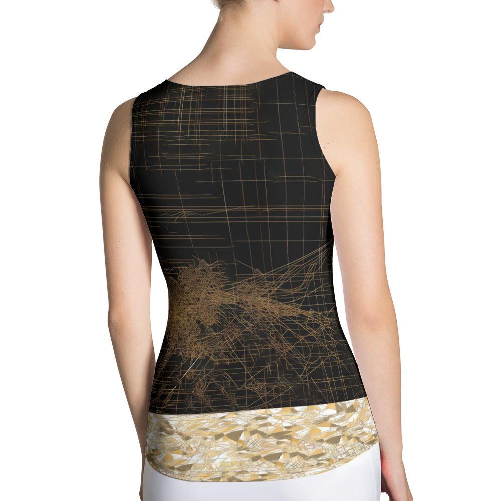 Durable cut and sew ballet tank top with artistic print.