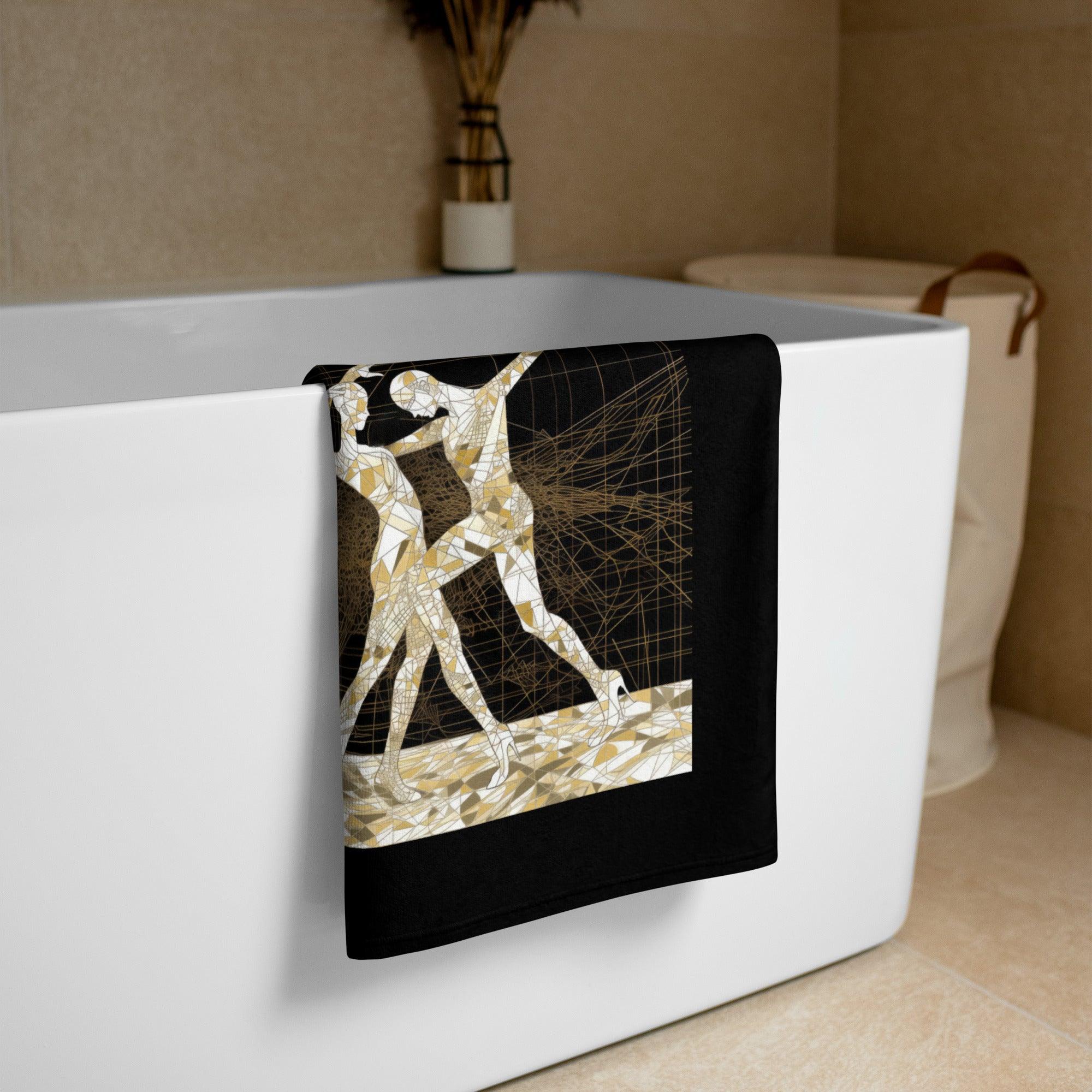 Elegant balletic attire towel draped over a ballet barre, highlighting its absorbency and design.