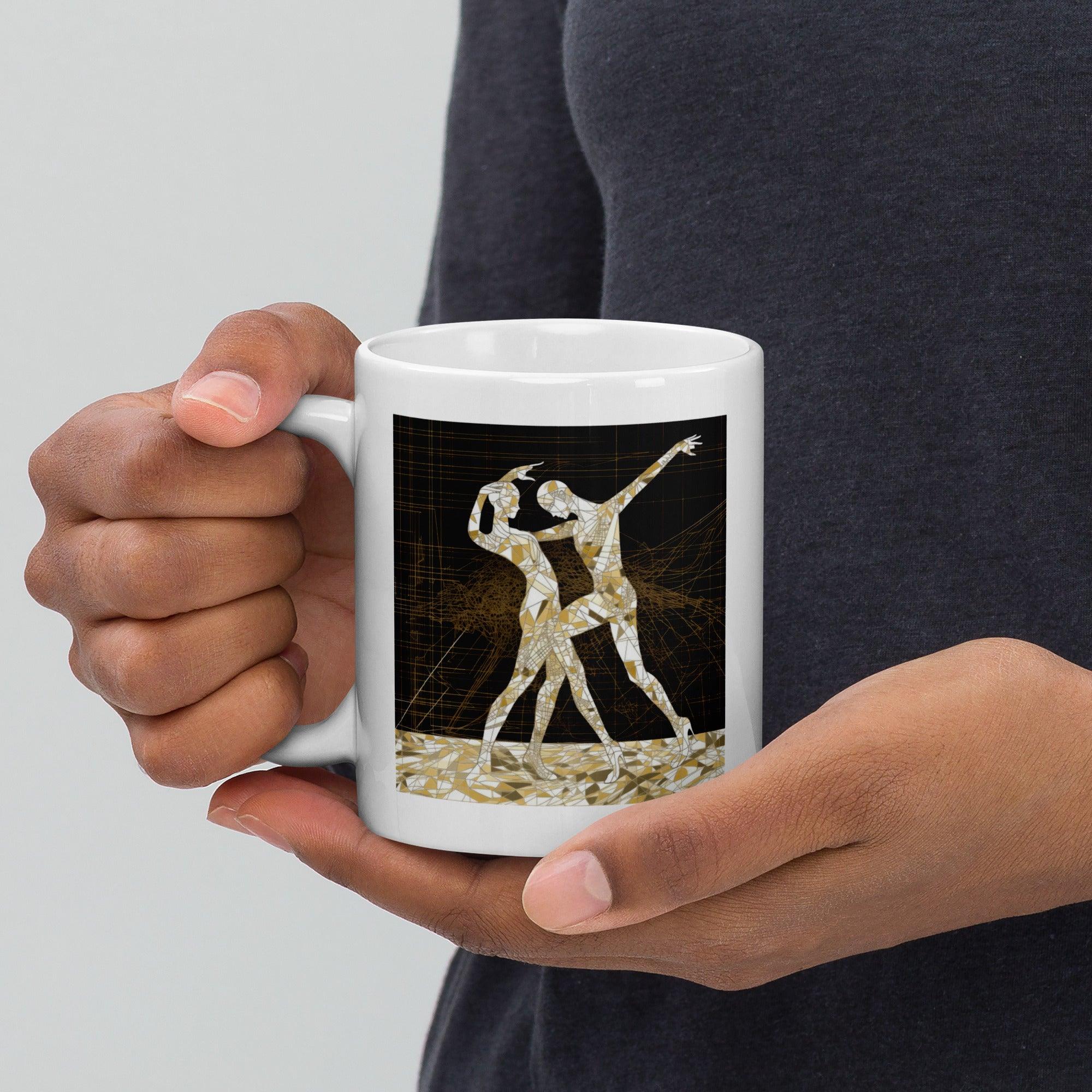 Delightful Balletic Attire themed white glossy mug on table.