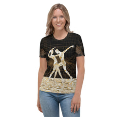 Woman wearing delightful balletic attire T-shirt, showcasing the fit.