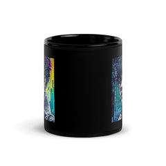Unique black glossy mug with doodle art perfect for coffee lovers.