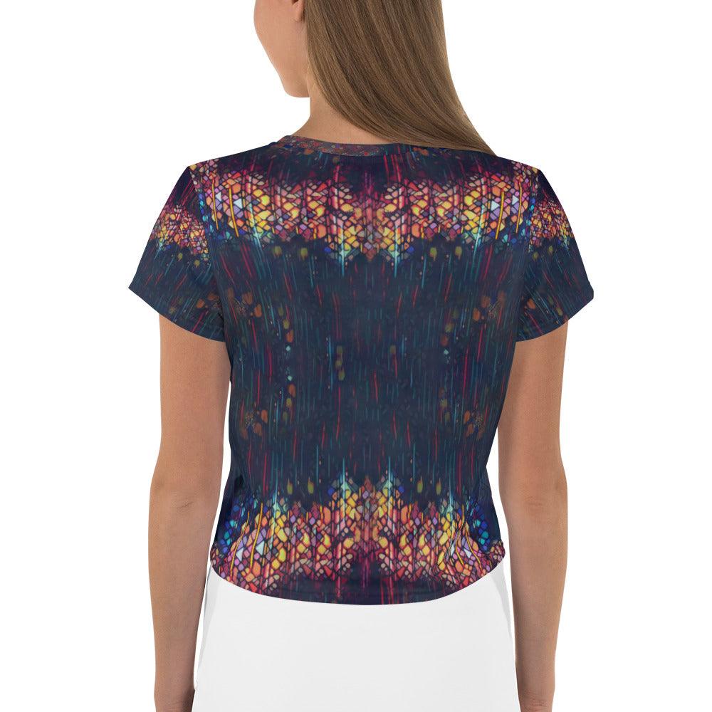 Vibrant all-over design of Doodle Daze III crop top.