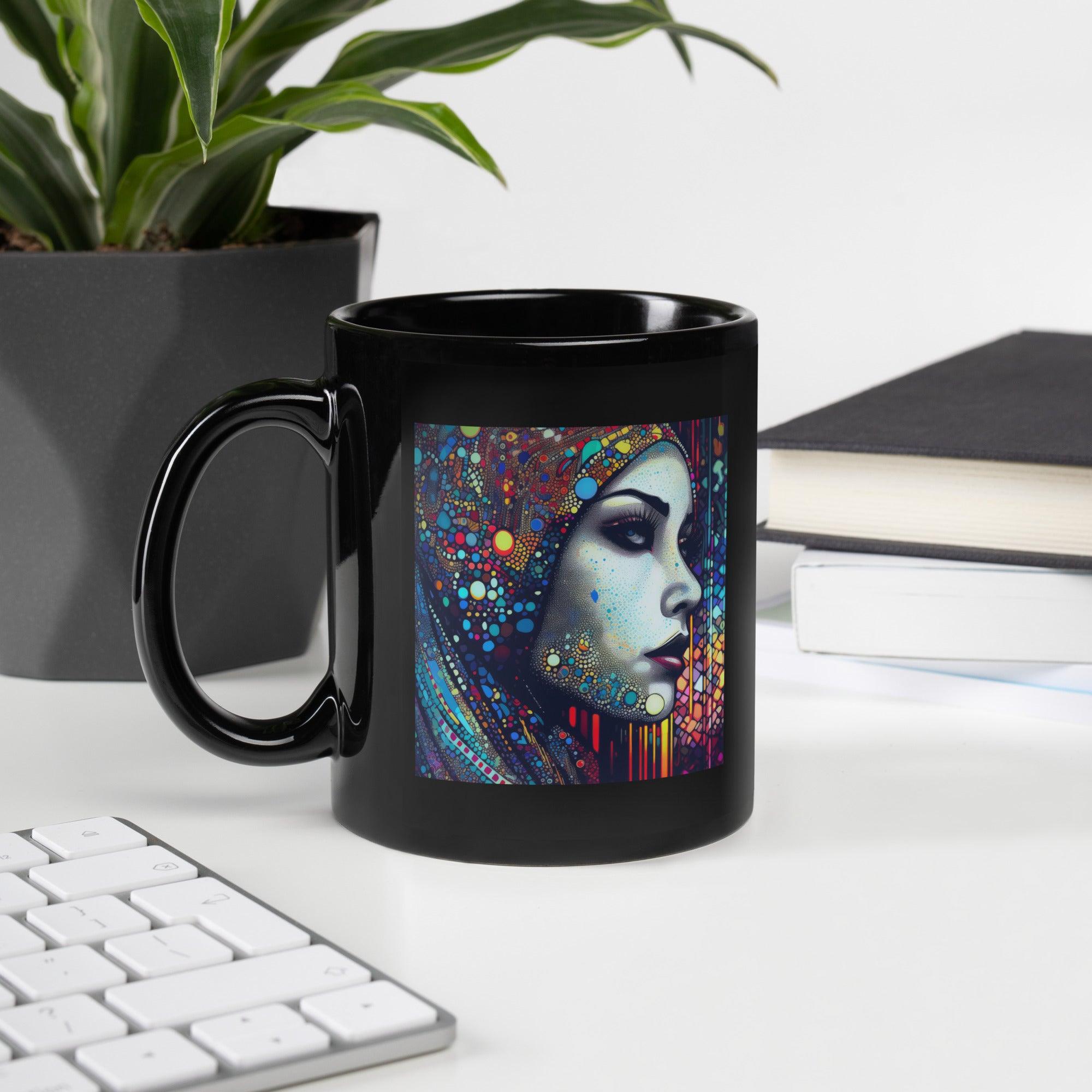Close-up of Doodle Daze III black glossy mug.