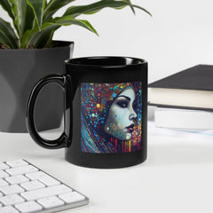 Close-up of Doodle Daze III black glossy mug.