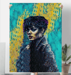 Person wrapped in Doodle Daze Sherpa Blanket, showcasing comfort.