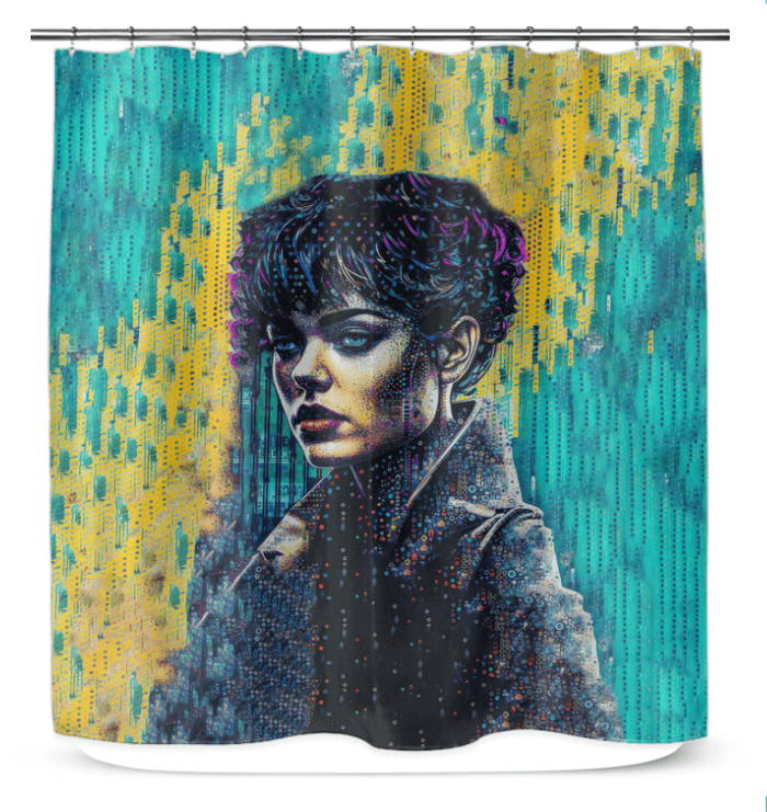 Doodle Daze artistic shower curtain full view in a brightly lit bathroom.